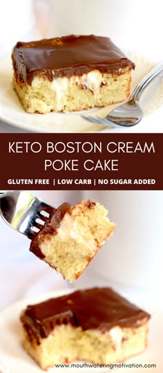 Keto Boston Cream Poke Cake. Soft, fluffy cake filled with vanilla pudding and topped with a silky chocolate ganache. This is truly heaven on a plate! I was obsessed with this cake from the first day I made it. It really does taste like a boston cream donut! If not better..  #ketobostoncreamdonuts #lowcarbbostoncreamdonuts #ketodonuts #ketopuddingpie #ketocakerecipe Keto Boston Cream, Cream Poke Cake, Boston Cream Poke Cake, The Boiled Egg Diet, 28 Day Keto Challenge, Egg Diet Plan, Keto Lasagna, Boston Cream Pie