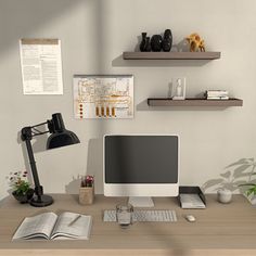 a computer desk topped with a desktop computer next to a lamp and bookshelf