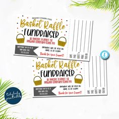 two printable basketball raffle coupons with pine branches in the foreground and an image of a basket on top