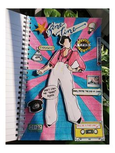 a spiral notebook with an image of a woman in white pants and pink shirt on it