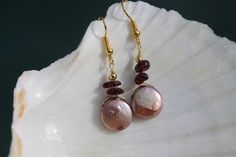 Garnet Earrings, Blush Pearl Coin Earrings, Bronze, Brown Dangle Gold Plated Earrings, Bridesmade Gi Chandler Az, Coin Earrings, Garnet Earrings, Gold Plated Earrings, Wedding Earrings, Beach Wedding, Garnet, Pearl Necklace, Gifts For Women