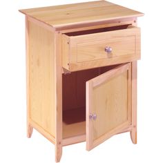 a small wooden cabinet with two doors on one side and an open drawer on the other