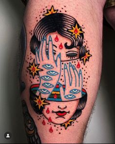 a woman's face with stars and water on her arm, done by tattoo artist mike