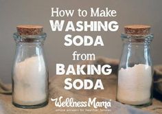 two glass jars filled with baking soda sitting on top of a table