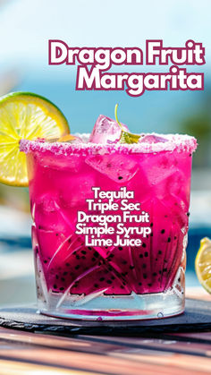 Dragon Fruit Margarita Mix Drinks Alcoholic Tequila, Dragon Fruit Margarita, Drink Board Ideas, Dragonfruit Margarita, Dragon Fruit Margarita Recipe, Dragonfruit Cocktail, Dragon Fruit Cocktail, Tequila Cocktails Recipes, Dragon Fruit Drink