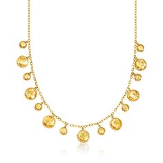 Ross-Simons - C. 1970 Vintage 21.50ct t. w. Citrine Drops Necklace in 14kt Yellow Gold. 18". C. 1970. Illuminate your superb style with this radiant Estate collection necklace! 21.50 ct. t. w. round citrines sparkle like fresh dew drops in the morning sun. Finely crafted in polished 14kt yellow gold and stationed on a classic cable chain. Graduates from 1/16" to 1/2" wide. Lobster clasp, citrine drops necklace. Exclusive, one-of-a-kind Estate Jewelry. Citrine birthstones are the perfect gift for 1970 Jewelry, Drops Necklace, Antique Jewelry Necklace, Citrine Necklace, Dew Drops, Morning Sun, Colored Gems, Drop Necklace