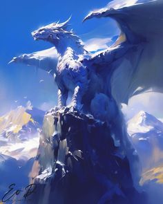 a digital painting of a dragon on top of a mountain with mountains in the background