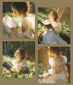 four pictures of a woman in white dress sitting on the ground and reading a book