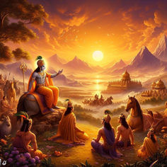 an image of the god sitting on top of a horse surrounded by other people and animals