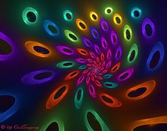 an abstract painting with neon colors and circles in the shape of a flower on a black background