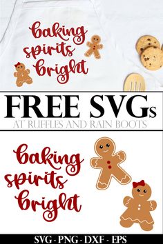 three different types of baking aprons with the words free svg and cookies on them