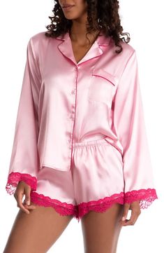 In Bloom by Jonquil Felicity Lace Trim Long Sleeve Satin Shorts Pajamas | Nordstrom