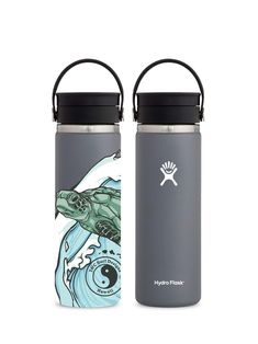 the hydro flask water bottle is shown with an image of a turtle on it