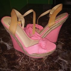 Brand New Heels Size 8 Chic Fabric Wedge Sandals For Spring, Casual Wrapped Heel Shoes For Spring, Casual Fabric Heels With Ankle Strap, Pink Heels For Spring Vacation, Chic Fabric Heels For The Beach, Chic Fabric Heels For Beach, Summer Day Out Pink Heels, Casual Pink Heels For Vacation, Casual High Heel Shoes For Day Out