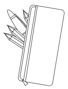 an open notebook with pencils sticking out of the cover, on a white background