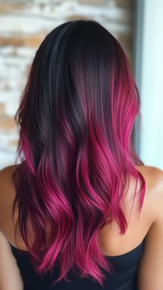 Brown Hot Pink Hair, Hot Pink Tips Hair, Pink Hair Streaks Black Hair, Bright Pink Highlights In Brown Hair, Bayalage Hair Color Ideas, Brown To Pink Ombre Hair, Hot Pink Highlights In Brown Hair, Pink Hair Balayage, Pink Peekaboo Hair