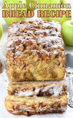 an apple cinnamon bread recipe on a white plate with apples in the background and text overlay