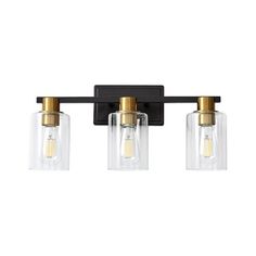 three light bathroom fixture with clear glass shades and gold accents on an aged black finish