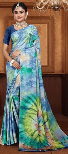 Blue color Saree in Crepe Silk fabric with Printed work Blue Digital Print Saree For Wedding, Blue Saree Fabric For Festive Occasions, Festive Blue Digital Print Saree, Blue Digital Print Saree For Festivals, Festive Printed Blue Saree, Festive Blue Printed Saree, Blue Printed Saree, Blue Color Saree, Party Wear Traditional