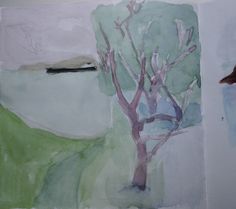 watercolor and ink drawings of trees in the background, with one bird flying by