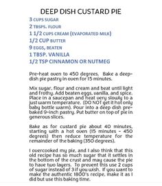 the recipe for deep dish custard pie is shown in blue and white text