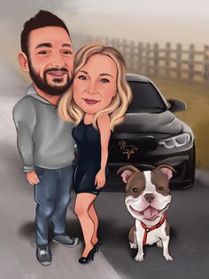 a caricature of a man and woman standing next to a dog on the road