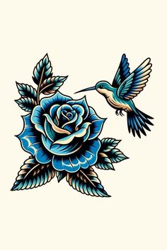 a blue rose with two hummingbirds flying by it's side on a white background