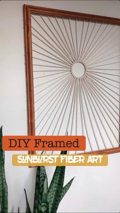 the sunburst fiber art is hanging on the wall next to a potted plant