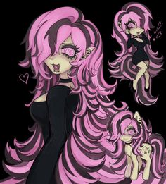 a drawing of a girl with pink hair and two ponies in front of her