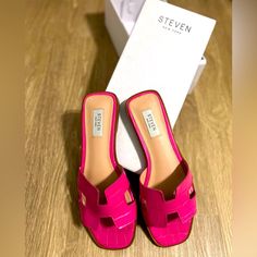 Bright Pink Steven By Steve Madden Leather Sandals. Size 8. Nwt. Chic Pink Slip-on Sandals, Pink Flat Heels For Vacation, Pink Open Heel Sandals For Vacation, Trendy Pink Open Heel Sandals, Chic Pink Sandals For Vacation, Chic Pink Sandals With Cushioned Footbed, Pink Cushioned Slip-on Heels, Pink Open Heel Sandals With Cushioned Footbed, Pink Sandals With Cushioned Footbed