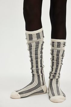 So cool in a staple knit fabrication, these tall socks are featured in a forever classic striped design, perfect to pair with absolutely anything from a bold boot to a luxe loafer. | Stripe Out Tall Socks by Reliable Of Milwaukee at Free People in Grey Tall Socks, Socks And Heels, Stripes Design, Milwaukee, Free People, Loafers, Socks, Boots, Knitting