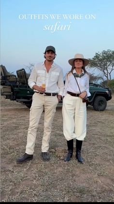 a man and woman standing next to each other in front of a truck with the words outifts we were on safari