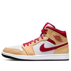 The Air Jordan 1 Mid 'Light Curry Cardinal Red' is a stylish and timeless sneaker. It is crafted from premium leather with a white base and cream overlays, accented with cardinal red for a striking contrast. The black rubber sole is finished with a white midsole for a perfect look. This sneaker is perfect for everyday wear, whether you're running errands or hitting the streets. Inspired by the classic Air Jordan 1 silhouette, this sneaker is part of the iconic Air Jordan series. It's a must-have for any sneaker enthusiast. (AJ1/SNKR/Retro/Men's/Mid Top/Basketball/Wear-resistant) Retro Men, Mid Top, Air Jordan 1 Mid, Jordan 1 Mid, Black Rubber, Air Jordan 1, The Streets, Jordan 1, Running Errands