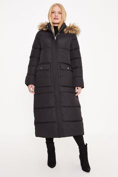 Stay cosy and stylish with our long puffer coat, designed to keep you warm during chilly days. Made from a thick and insulating material, this coat is perfect for braving the cold. Its midi length adds a trendy touch, while the faux fur hood adds a touch of luxury and extra warmth. Whether you're running errands or heading out for a winter adventure, this puffer coat is a must-have for your wardrobe. Knitwear Trends, Casual Work Dresses, Long Puffer Coat, Petite Jumpsuit, Sequin Outfit, Petite Coat, Long Puffer, Plus Size Coats, Tall Clothing