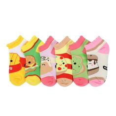 Step into the delightful world of Squishmallows with this 6-pair pack of kids ankle socks. Bursting with character, these socks showcase the playful charm of the French fries, s’mores, hamburger, pizza, kiwi, and cinnamon roll characters. In shades of white, yellow, green, red, and pink, they're designed for kids' sock size 7-9 and shoe size 10-4, ensuring a snug and comfy fit. Made with 98% polyester and 2% spandex, featuring chenille yarn character art on the first sock, these socks bring joy Playful Super Soft Multicolor Socks, Playful Multicolor Super Soft Socks, Cute Multicolor Socks, Playful Super Soft Socks For Playtime, Playful Super Soft Socks For Gifts, Super Soft Playful Socks For Gift, Cute Super Soft Socks For Playtime, Shades Of White, Ankle Socks