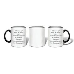 three black and white coffee mugs sitting next to each other