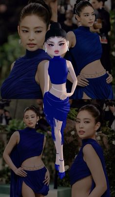 an animated woman wearing a blue dress and posing for the camera with her hands on her hips