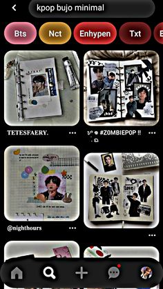 an image of a cell phone screen with various pictures on it and the text, kpop bujo minimal not enhypen