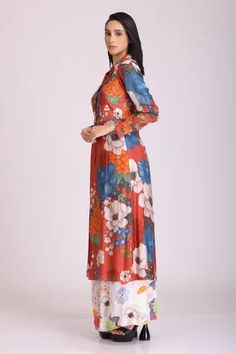 Shop for Alpona Designs Brown Cotton Silk Floral Print Jacket And Palazzo Set for Women Online at Aza Fashions Silk Long Sleeve Kurta With Digital Print, Silk Kurta With Digital Print And Long Sleeves, Silk Maxi Kurta With Floral Print, Silk Kurta With Floral Print In Maxi Length, Printed Silk Long Sleeve Kurta, Silk Long Sleeve Printed Kurta, Red Floral Print Kurta For Spring, Red Long Sleeve Kurta With Floral Print, Red Floral Print Spring Kurta