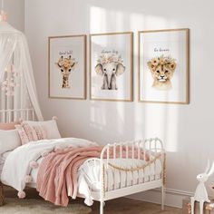 Add some wild charm to the nursery or bedroom with this set of safari prints. Featuring a watercolour elephant, lion, and giraffe in floral headdresses, this trio will bring major jungle vibes! Perfect for any little girls room. Watercolour Elephant, Animals With Flowers, Girls Bedroom Themes, Girl Bathrooms, Safari Theme Nursery, Jungle Vibes, Theme Nursery, Safari Animal Prints