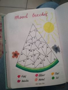 an open book with the words mood tracker written in different colors and shapes on it