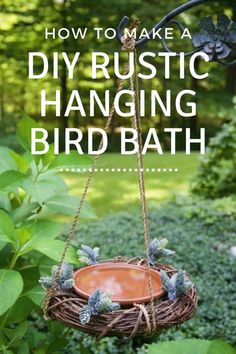 a birdbath hanging from a tree branch with the words how to make a diy rustic hanging bird bath