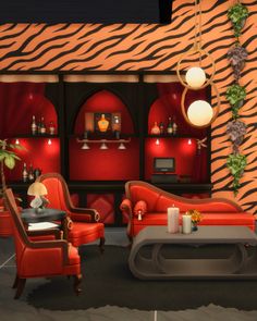 the living room is decorated in red and zebra print, with two chairs and a coffee table