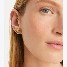 Delicate geometry. Graphic cutouts reinterpret the classic good luck charm on our Kira Clover Stacked Stud. Made for pierced ears. Jersey Turtleneck, Tory Burch Kira, Clover Earrings, Luck Charm, Luck Charms, Pierced Ears, Designer Jewelry, Designer Earrings, Good Luck