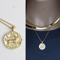 "*zodiac constellation necklace, celestial jewelry, 18k gold filled medallion pendant necklace, zodiac sign necklace, layering necklace *Delicate High quality Chain - Length: 18\"as shown on the pictures - pendant size: 14mm - material: pendant- 18k gold filled, chain- 18k gold plated - Comes in a cute little package - Perfect on its own or as a layering piece. - Available : gold only. * View star necklace here: https://www.etsy.com/listing/777461400/gold-star-necklace-star-jewelry?ref=shop_home Gold Zodiac Sign Coin Necklace, Gold Coin Necklace With Zodiac Sign, Gold Moon Phase Coin Necklace Perfect As A Gift, Gold Moon Phase Coin Necklace As Gift, Gold Coin Necklace With Moon Phase For Gift, Zodiac Sign Round Pendant Coin Necklace As Gift, Zodiac Sign Coin Necklace Gift, Coin Necklace Gold, Cross Necklace Simple