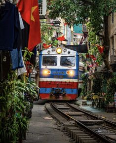 a blue and red train traveling down tracks next to trees with flags hanging from them