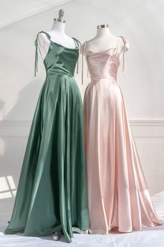 Channel Old-Hollywood glamour at your next event in the stunning Aphrodite Dress in pink. Featuring a sweeping full, emerald-green satin skirt, flattering cowl-neckline, and delicate tie shoulders, the Aphrodite will turn heads with its dramatic side slit. Paired with a clutch and heels, this dress will be the look of your dreams! Also Available in Emerald Green. For Other Feminine, French-Inspired Formal Dresses See Our Event Dress Collection. . Details: XS: Bust 32", Waist 24" S: Bust 34", Wai Aphrodite Dress, Long Green Dress, Pink Prom, فستان سهرة, Green Satin