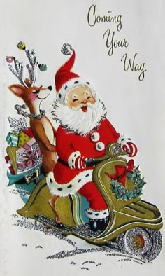 a christmas card with santa claus riding a scooter and reindeer on the back