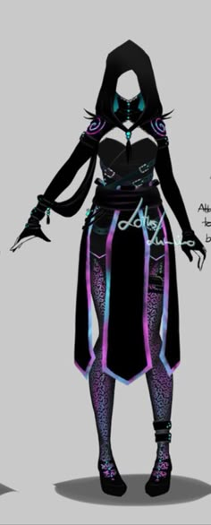 an animation character in black and purple clothing