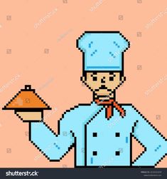 an old school pixel art style chef holding a tray with food on it's hand